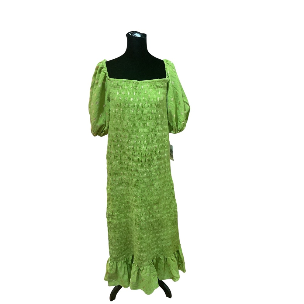 Never Fully Dressed  Green Gold Metallic Dot Smocked  Midi Dress XXXL NWT
